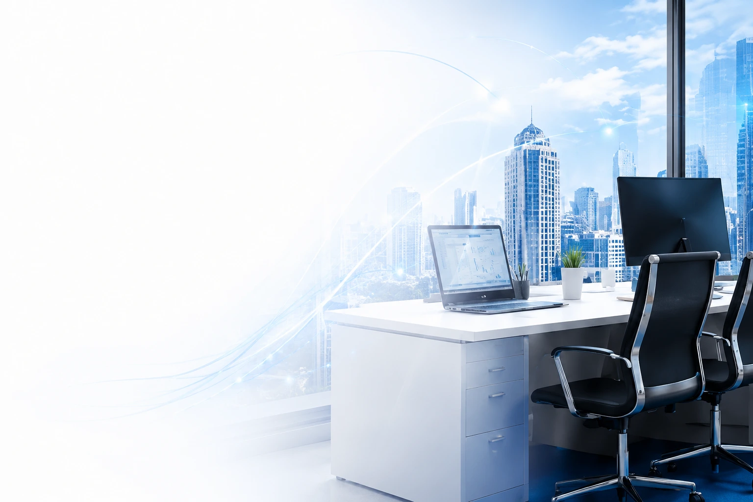 Escritório empresarial conectado com vista para a cidade